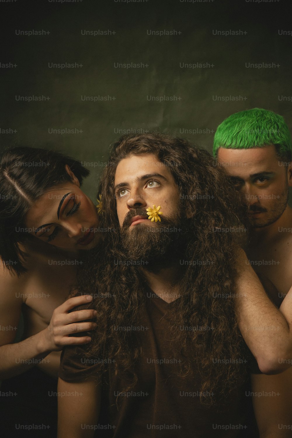 a group of people with long hair and green hair