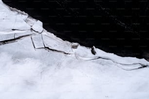an aerial view of snow covered ground and water
