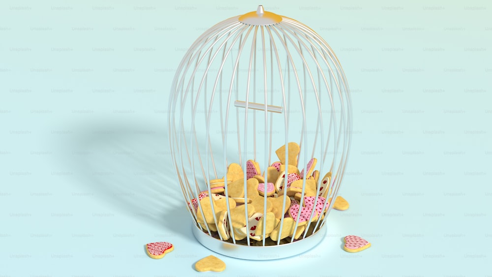 a birdcage filled with cookies sitting on top of a table