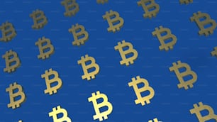 Un grupo de bitcoins dorados sobre fondo azul