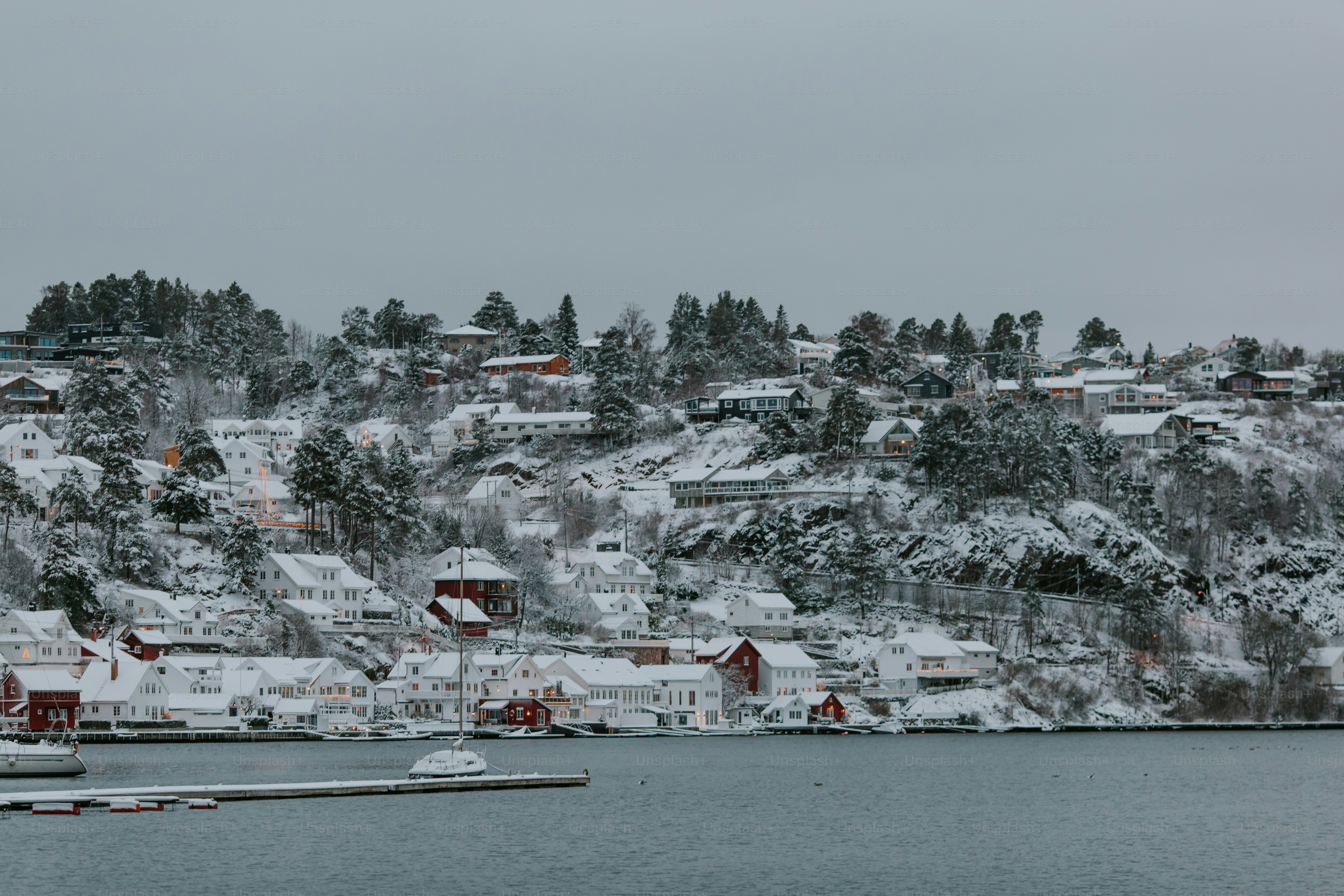 a snow covered hillside with houses and boats in the water