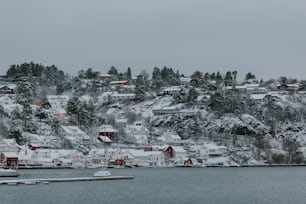 ein schneebedeckter Hang mit Häusern und Booten im Wasser