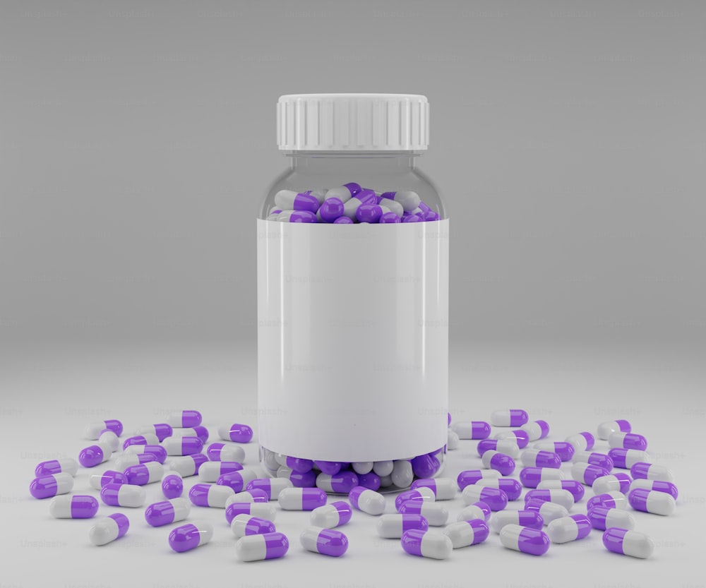 una bottiglia piena di pillole viola e bianche