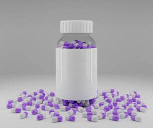a bottle filled with purple and white pills