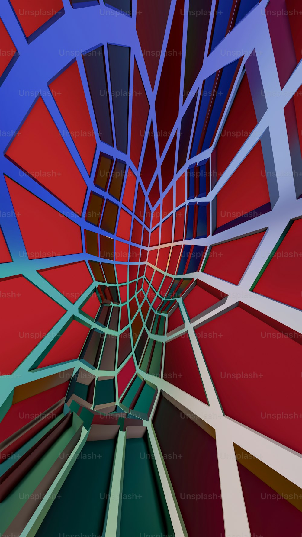 Une image abstraite d’une structure rouge et bleue