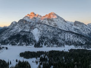 uma montanha coberta de neve com um vale abaixo