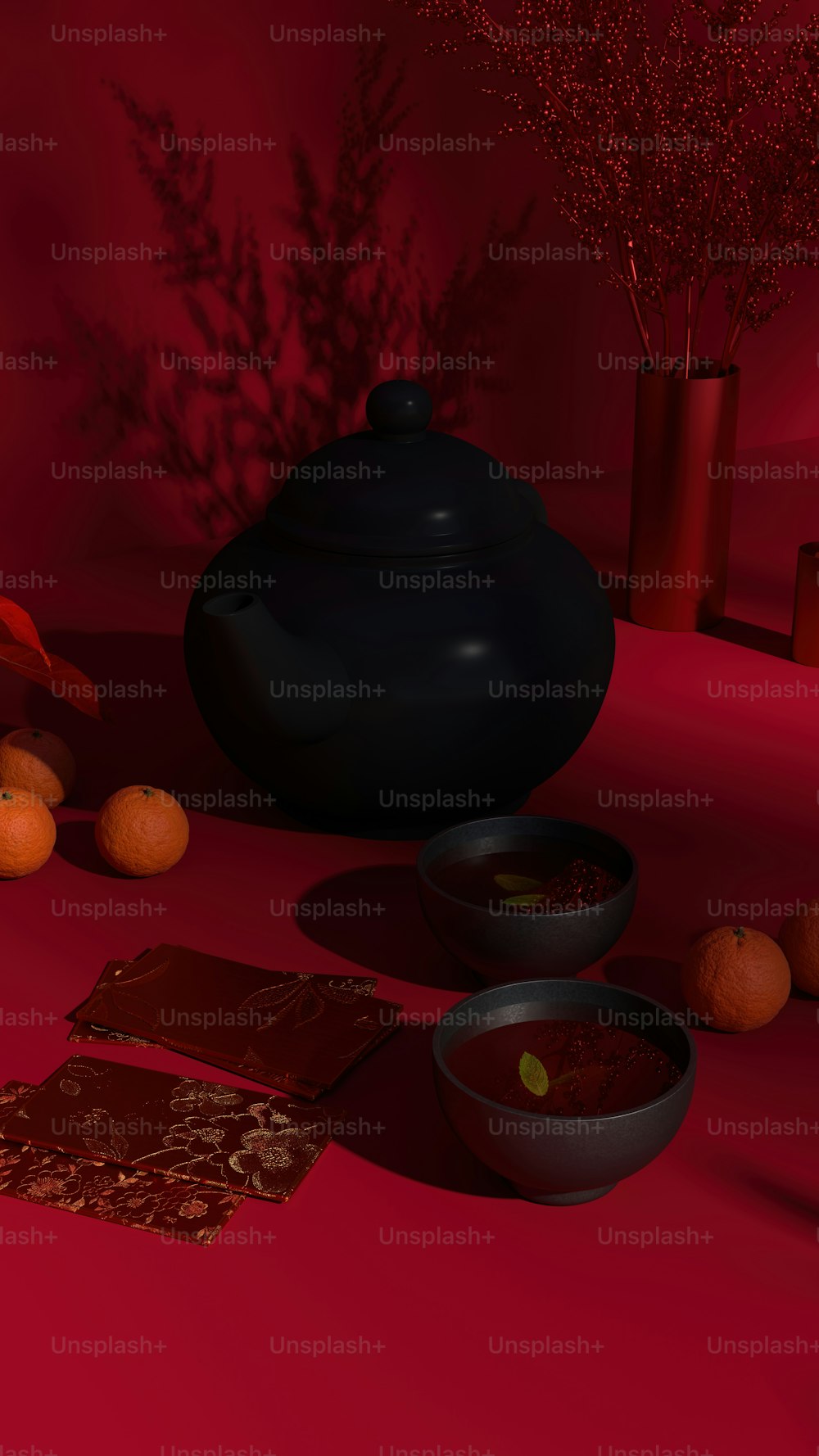 a red table topped with bowls of food