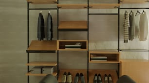 a closet with a lot of shoes on shelves
