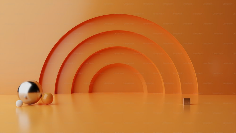 an orange background with a ball and a line of circles