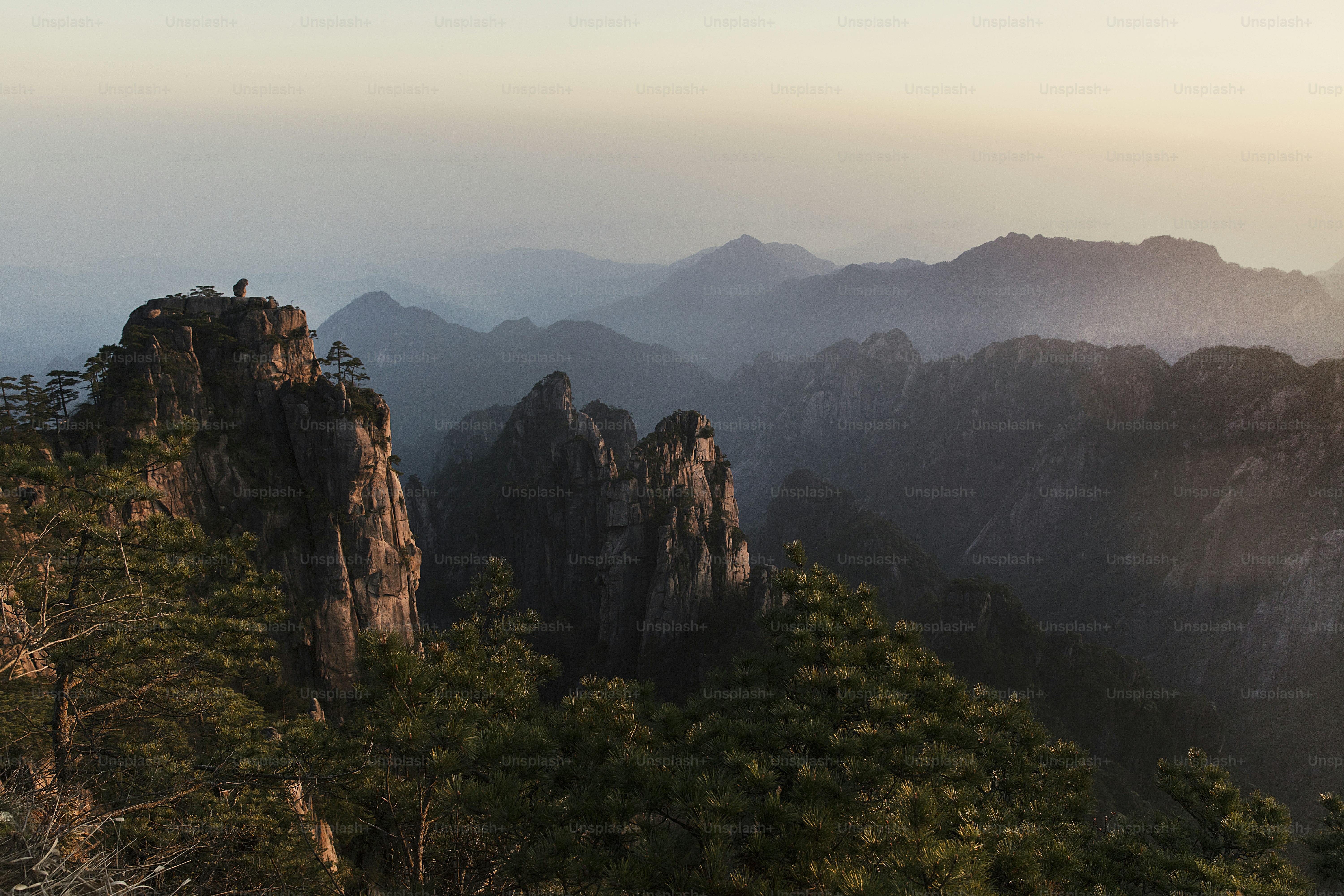una vista di una catena montuosa con alberi e montagne sullo sfondo