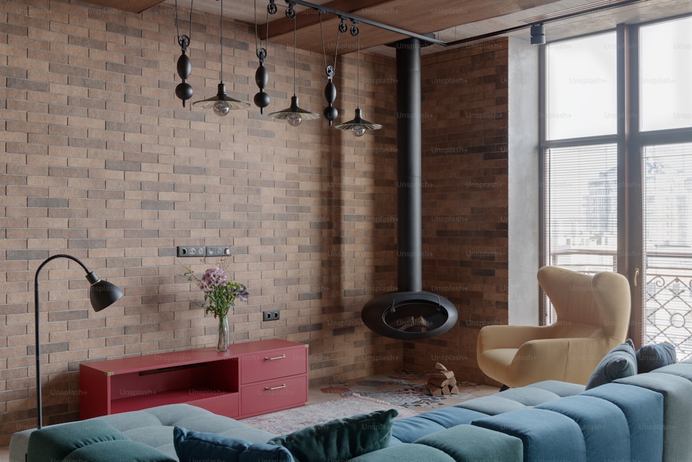 a living room filled with furniture and a fire place