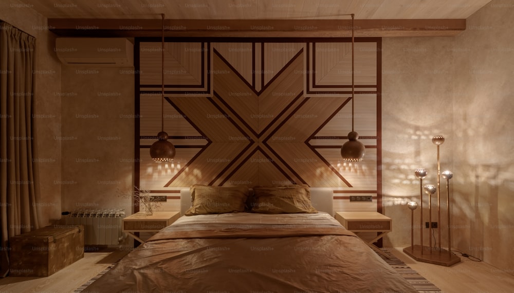 un letto con testiera in legno e luci