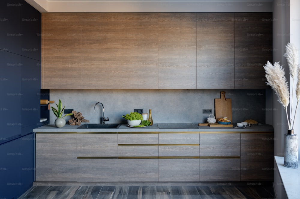 a kitchen with wooden cabinets and a sink