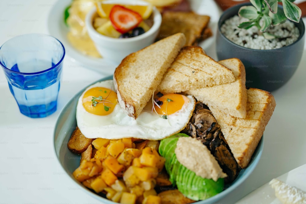 a plate of food with eggs and toast