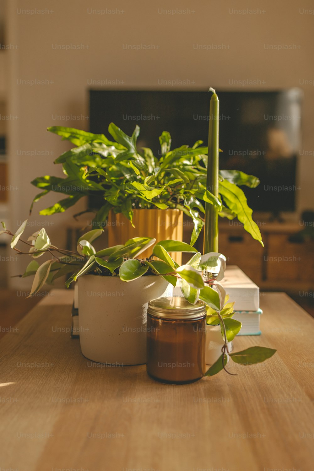 uma mesa de madeira coberta com uma vela e um vaso de plantas
