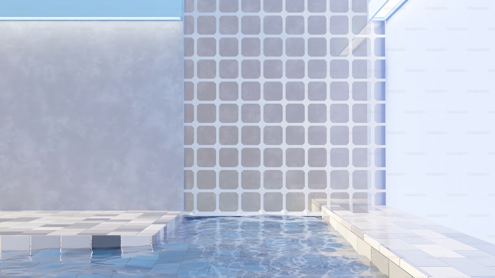 um quarto com uma parede de azulejos e uma piscina de água