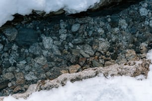 a snow covered ground with rocks and snow