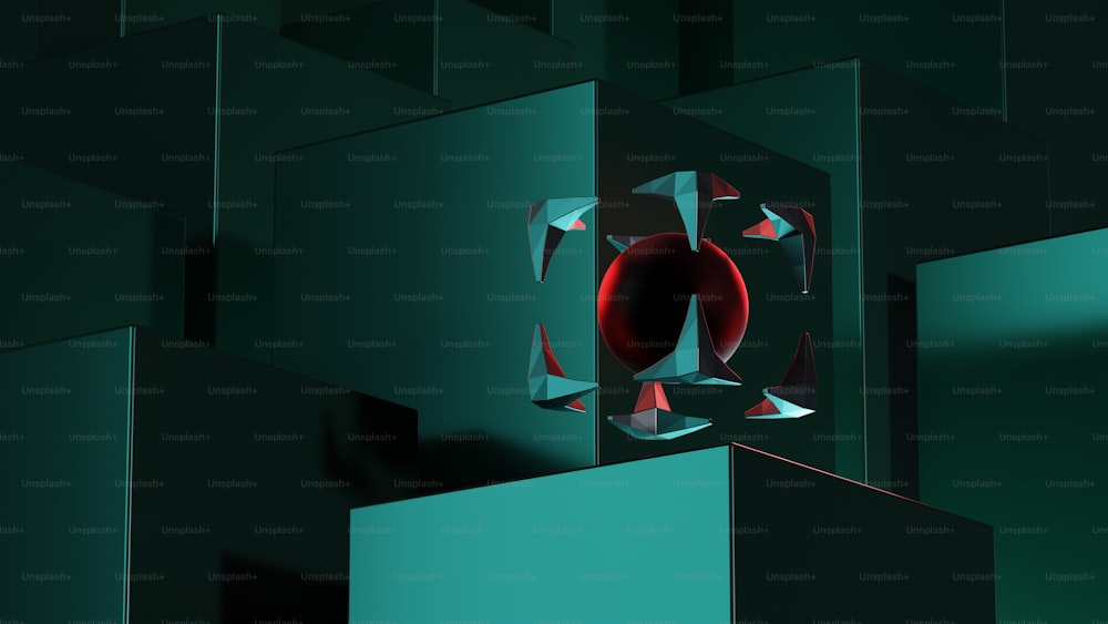 Une photo abstraite d’un objet rouge dans un cube vert
