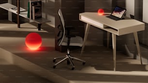 ein Schreibtisch mit einem Laptop und einem roten Ball darauf