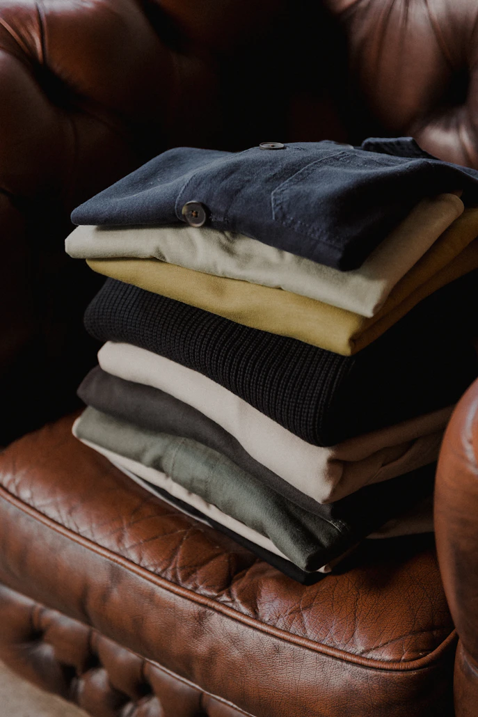 Stack of casual khaki and olive shorts