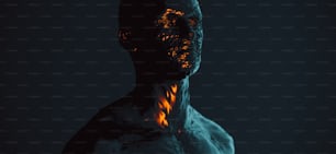 a man with a glowing face and body in the dark