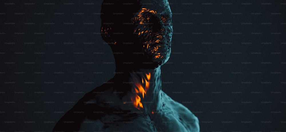 a man with a glowing face and body in the dark