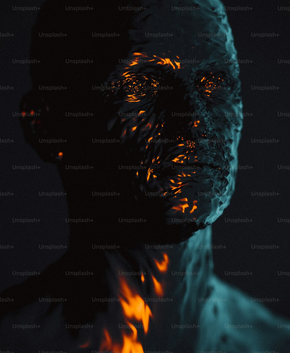 a man with fire on his face and body