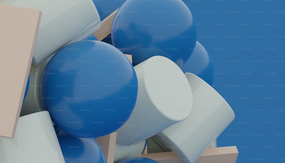 a bunch of blue and white balloons and a sign