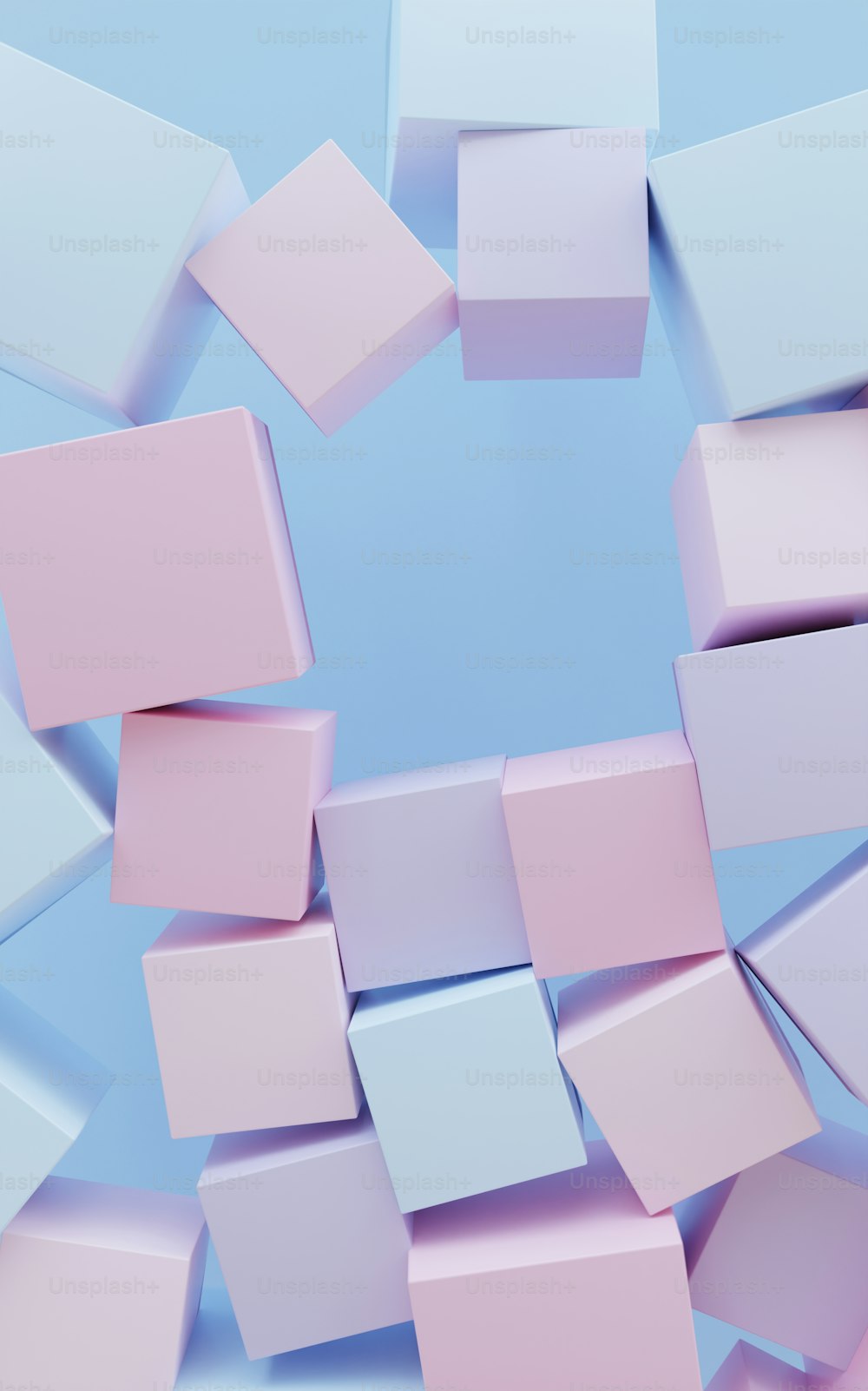 a bunch of pink and blue cubes floating in the air