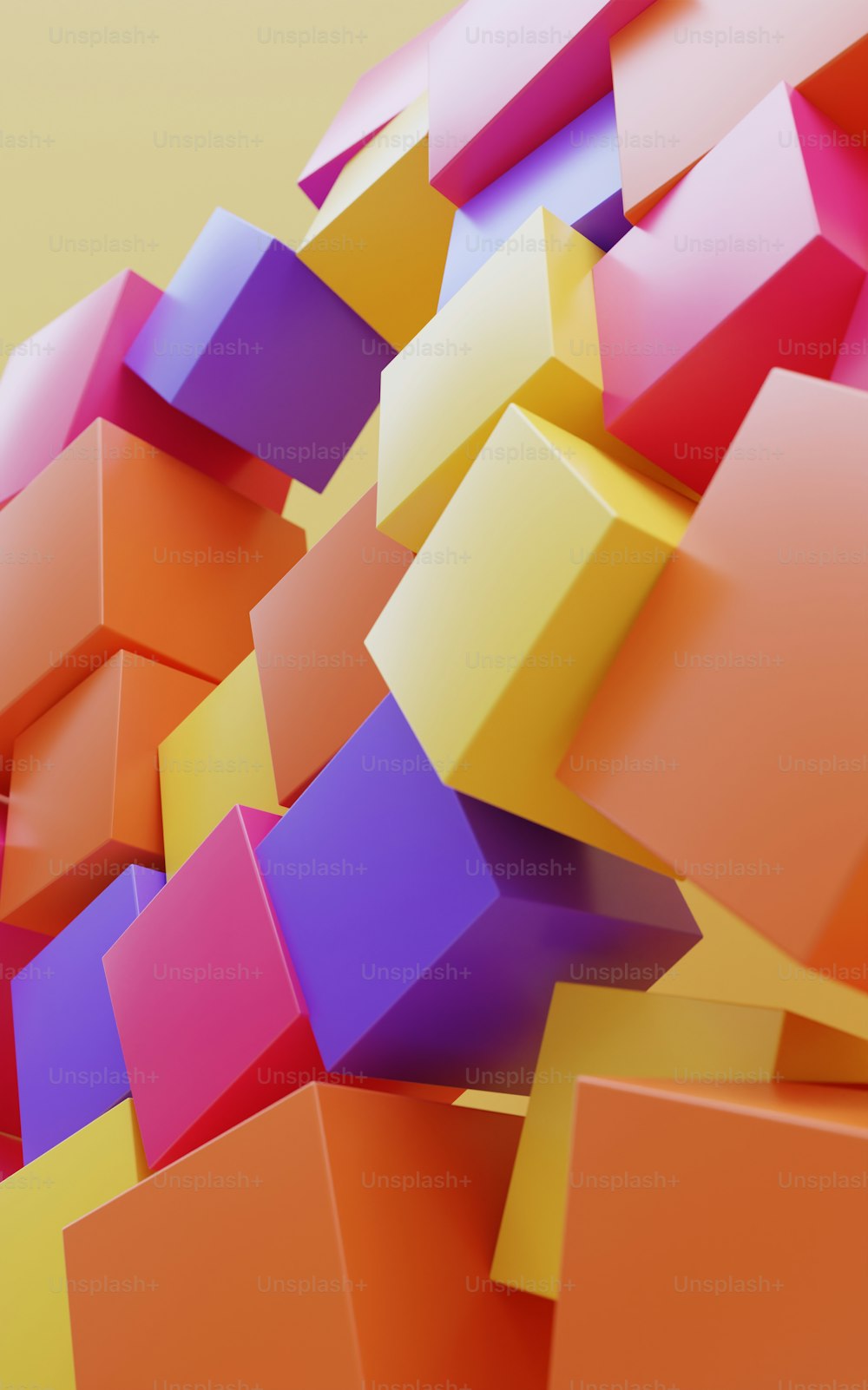 a bunch of different colored cubes on a yellow background