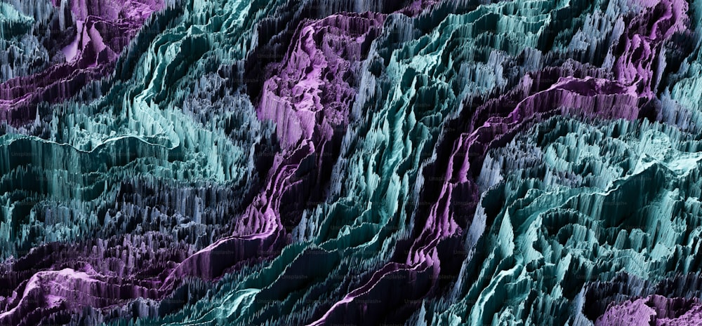 an abstract painting of purple and green rocks