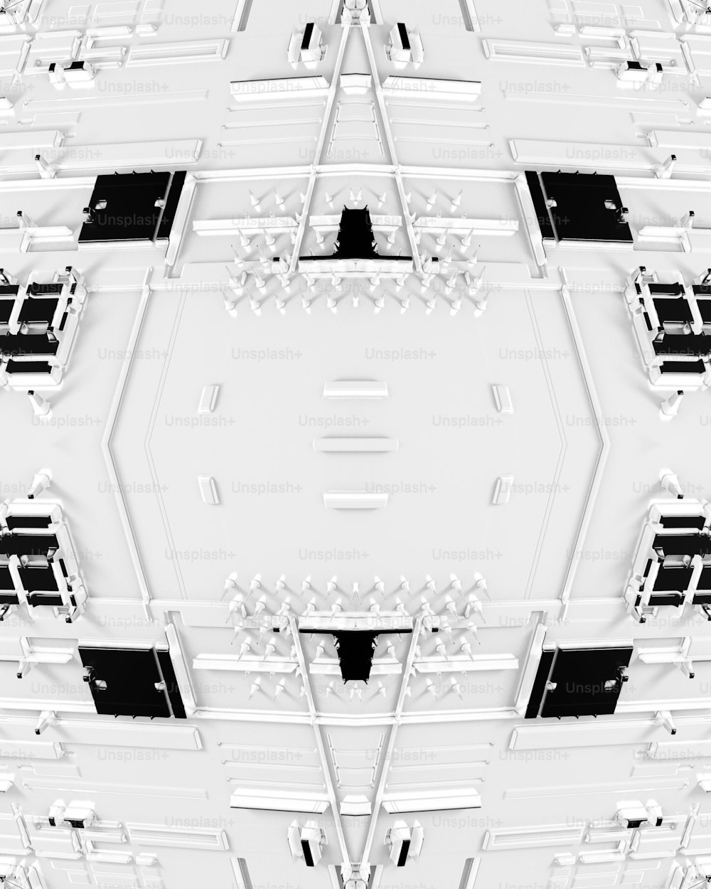 a white and black photo of a ceiling