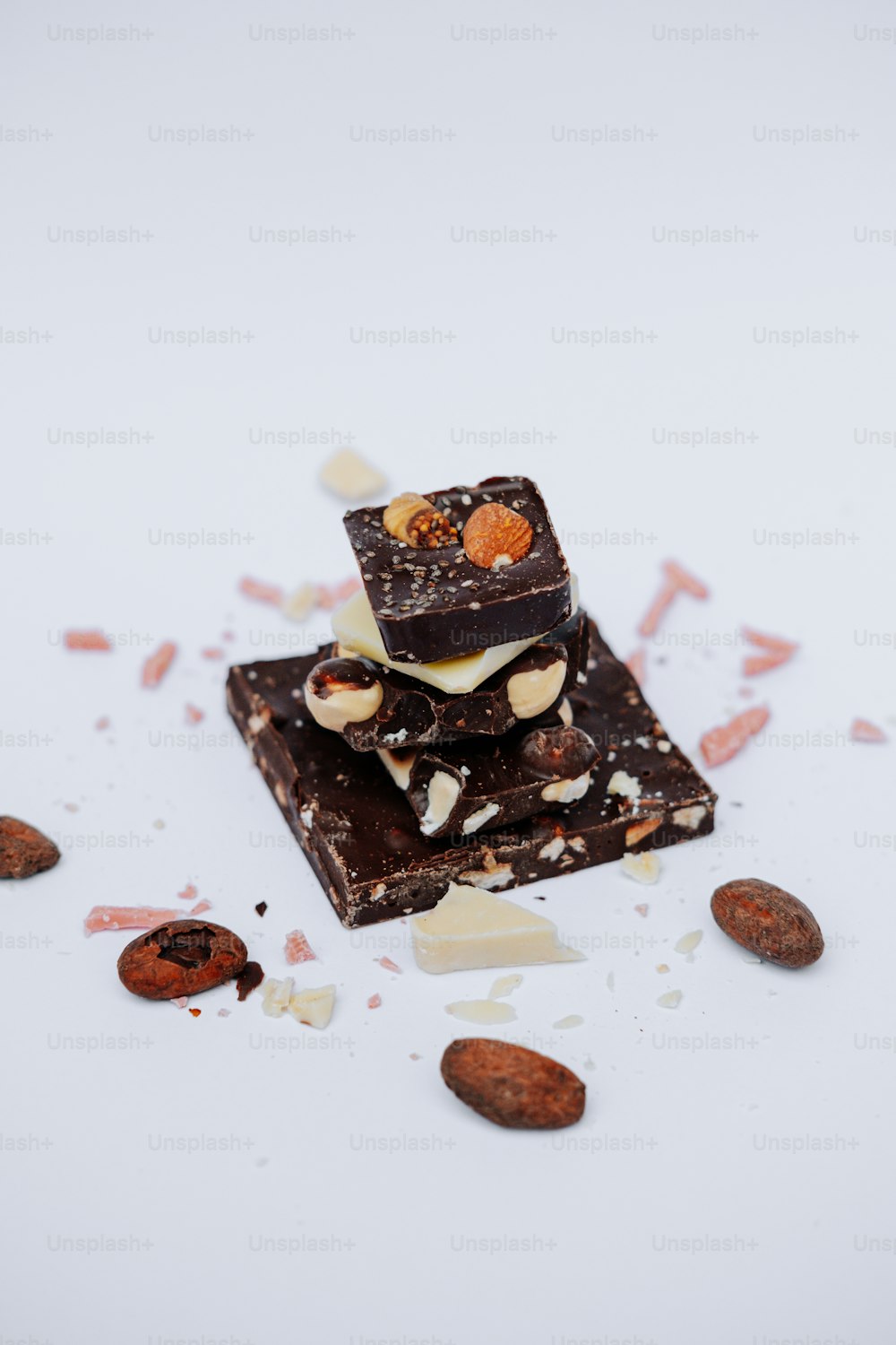 a pile of chocolate and nuts on a white surface