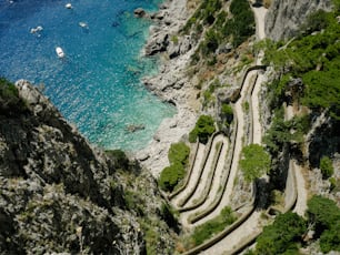 a scenic view of a beach with a winding path