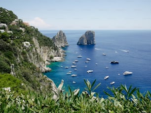 a group of boats floating on top of a body of water