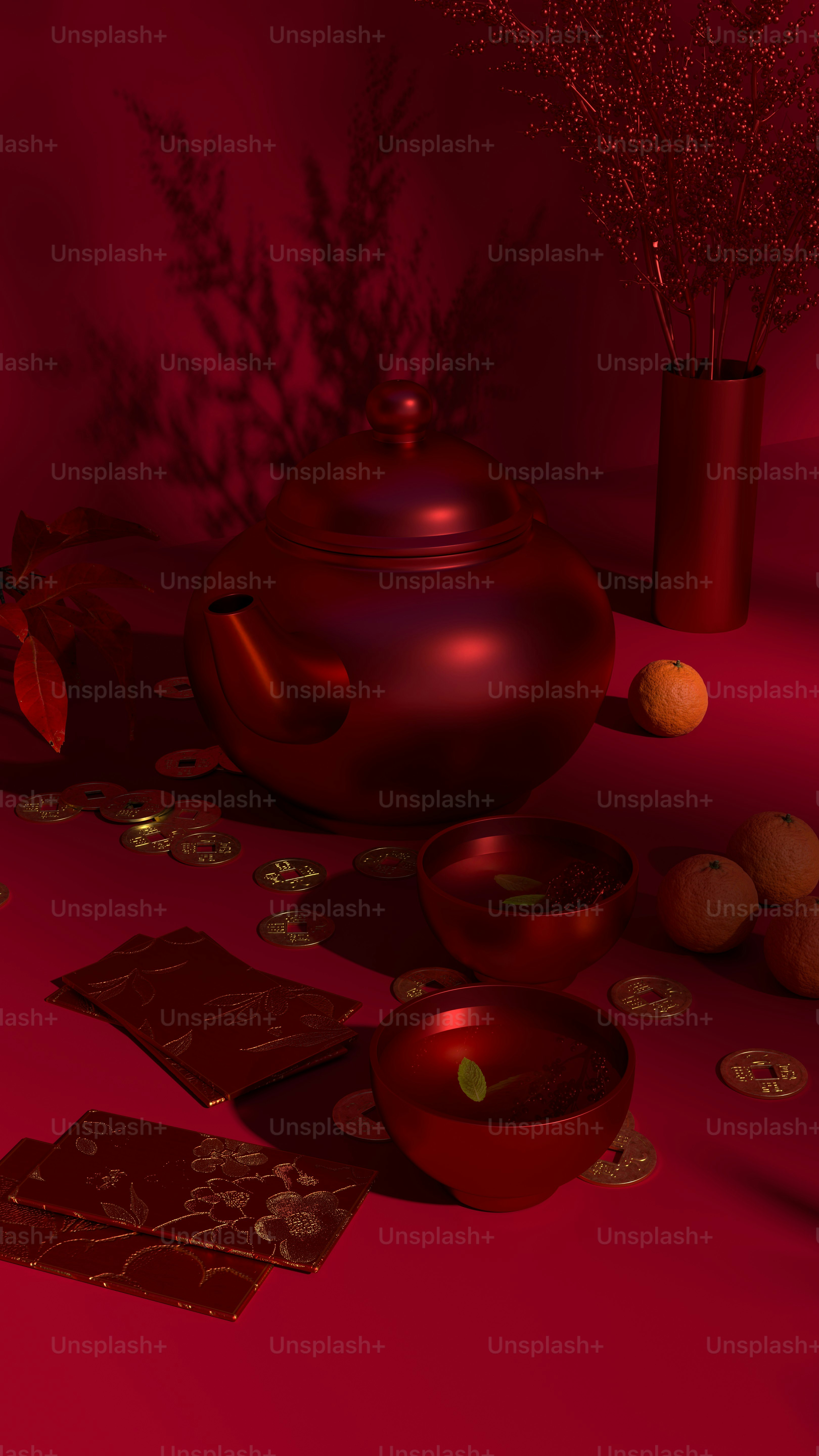 a red background with a teapot and a bowl