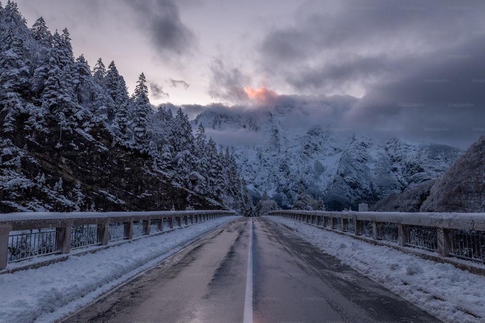 uma estrada nevada com árvores e montanhas ao fundo