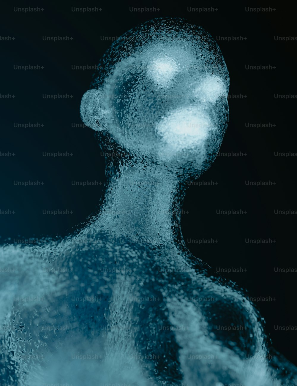 Una foto blu e bianca del corpo di un uomo