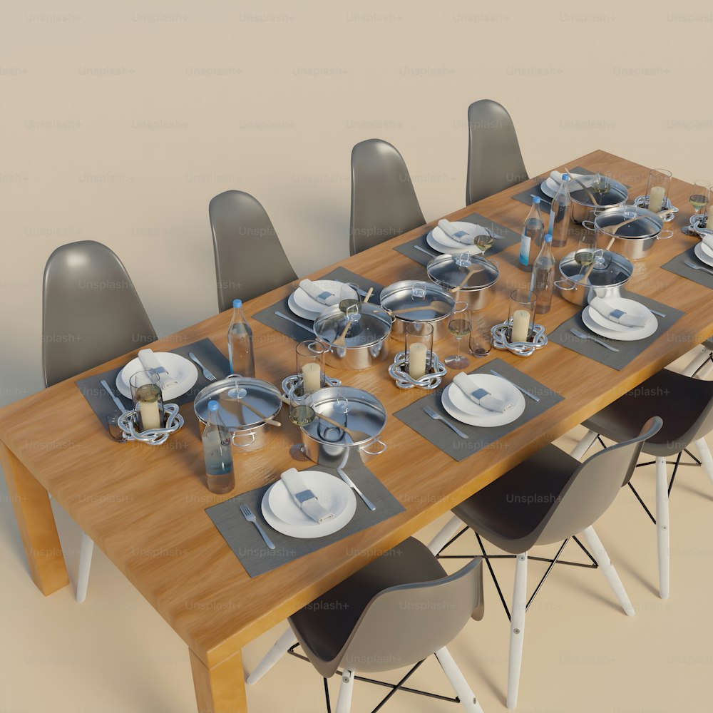 a wooden table topped with lots of plates and silverware