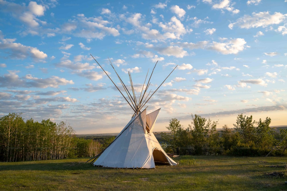 a teepee sitting on top of a lush green field
