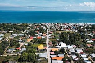 an aerial view of a small town by the ocean