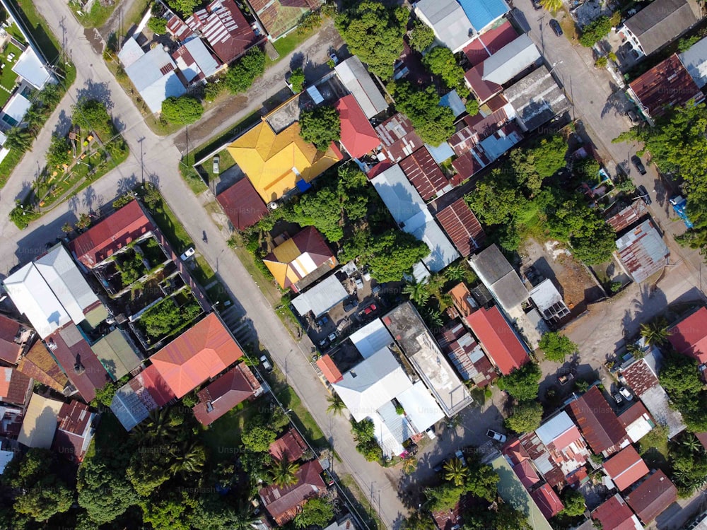 Una vista a volo d'uccello di un quartiere con molte case