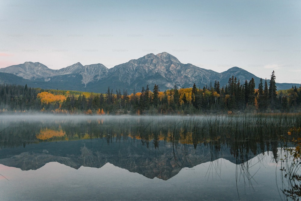 a lake surrounded by trees with mountains in the background