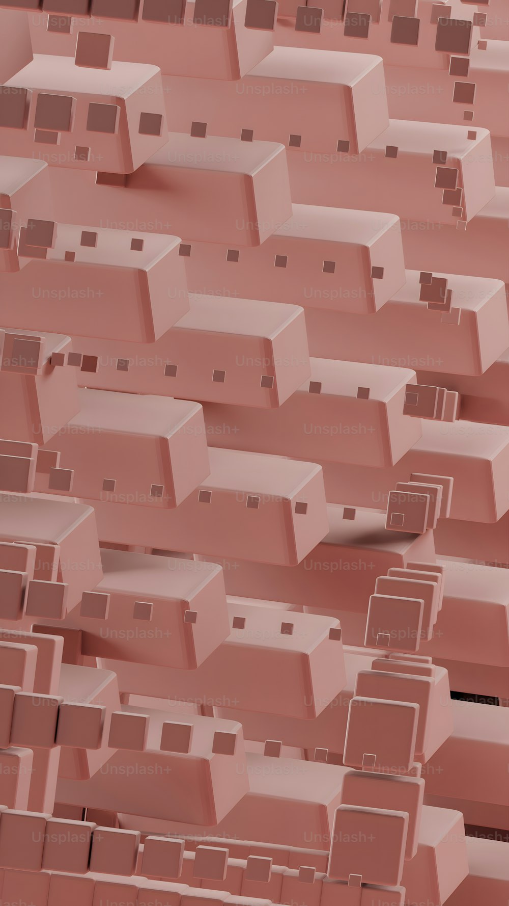 Eine große Gruppe rosa Boxen liegt in der Luft