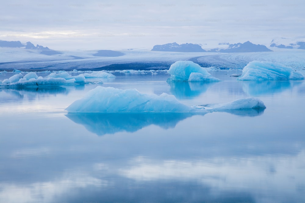 a group of icebergs floating in the water