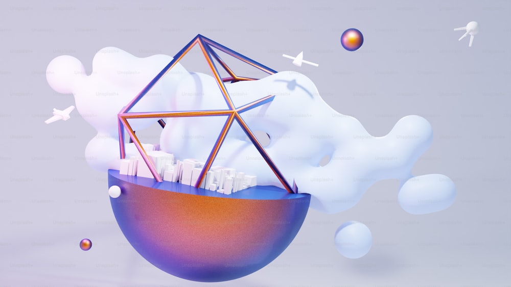 Un objeto colorido flotando en el aire con burbujas a su alrededor