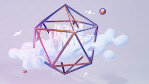 uma renderização 3D de um cubo com uma cidade no fundo
