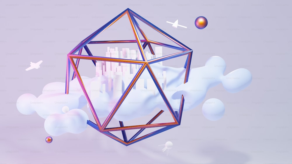 Un rendu 3D d’un cube avec une ville en arrière-plan