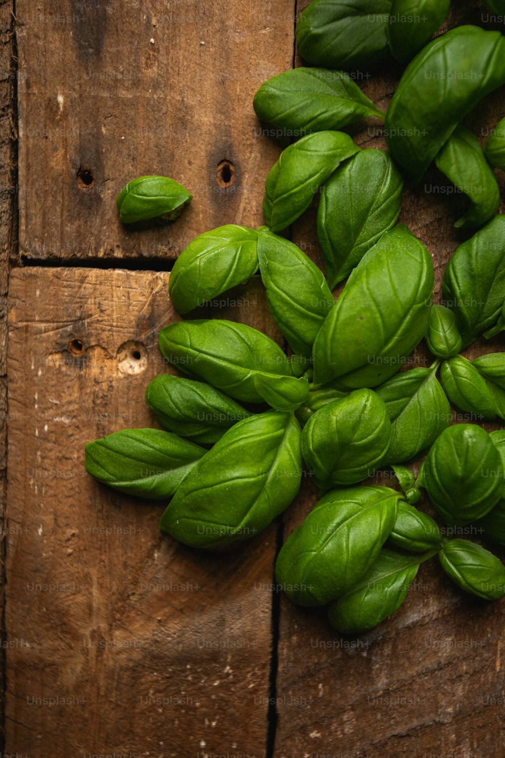 a bunch of green leaves laying on top of a wooden table