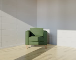 a green chair sitting on top of a hard wood floor